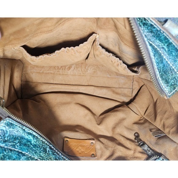 Patricia Nash Tooled Leather Satchel Convertible Hand / Shoulder Bag Teal Floral - Picture 16 of 16